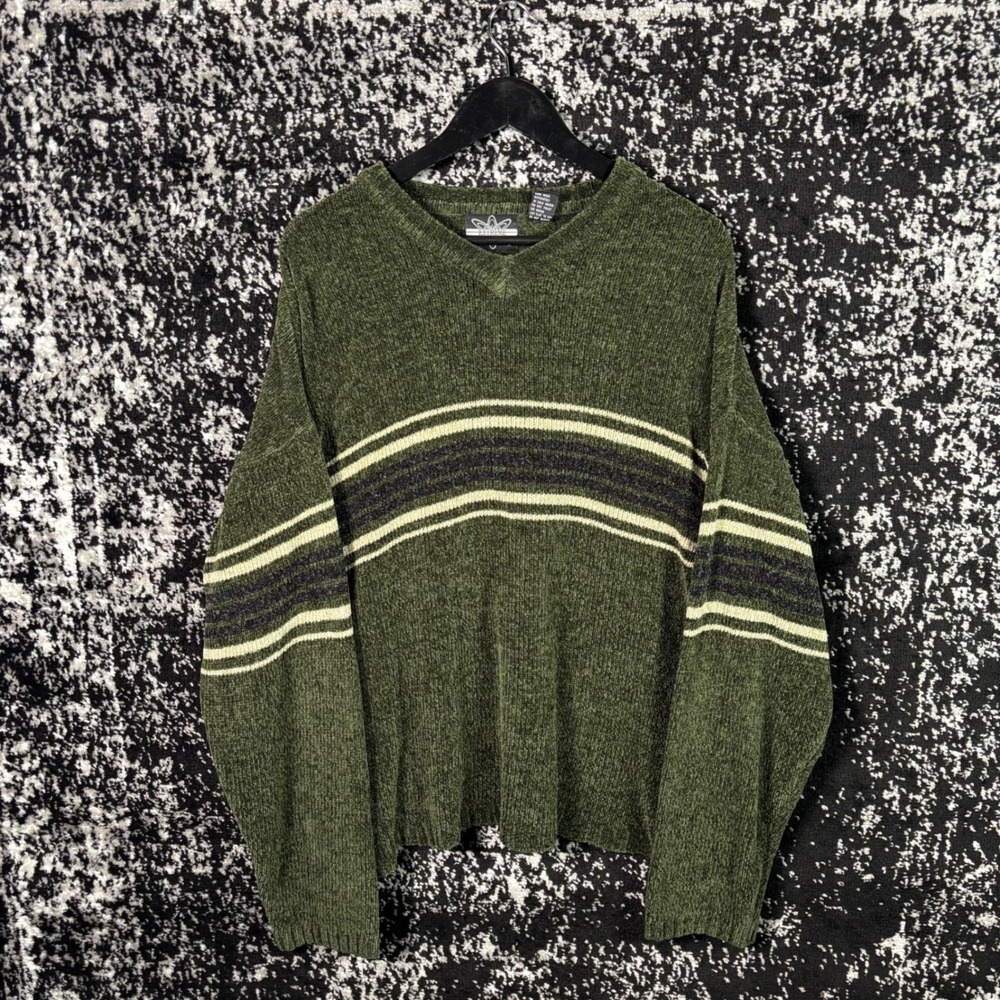 Vintage Y2k Extreme Gear Green Striped V neck Knit Sweater Size XL